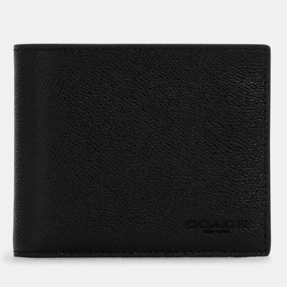 NWT COACH 3 IN 1 Compact ID Bifold Crossgrain Leather Men Wallet in Black NEW - Picture 1 of 8